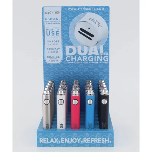 Dual Charing Port 650mAH 510 Battery- Mixed Color By 4SCORE Display Of 25 *Drop Ship* (MSRP $15.99ea)