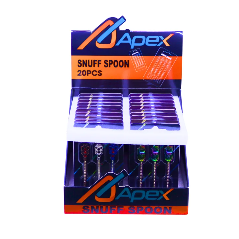 APEX CHROME RAINBOW COLORED SNUFF SPOON ASSORTED DESIGNS DISPLAY OF 20