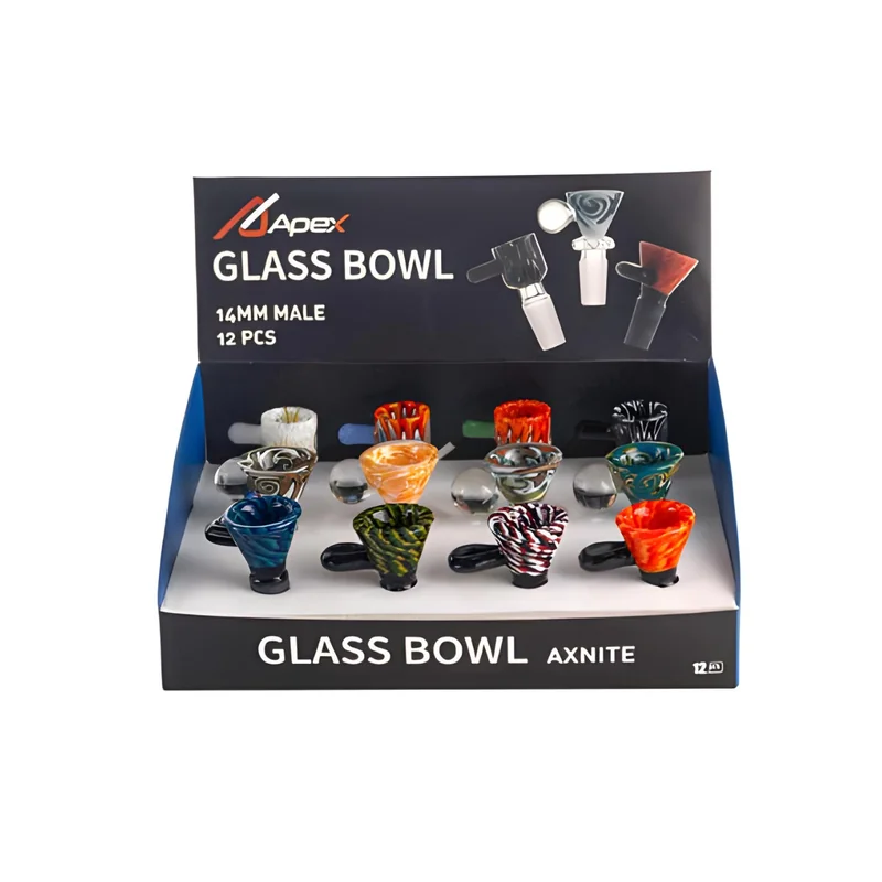 APEX GLASS SAGENITE 14MM BOWL ASSORTED COLORS DISPLAY OF 12 (BD400)