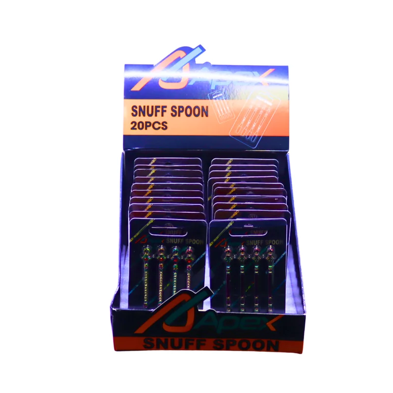 APEX RAINBOW COLORED SNUFF SPOON ASSORTED DESIGNS DISPLAY OF 20