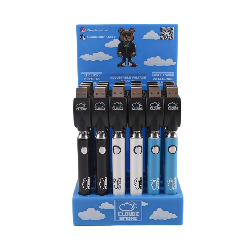 CLOUDZ SMOKE 900mAH TWIST BATTERY WITH USB CHARGER ASSORTED COLORS DISPLAY OF 24 