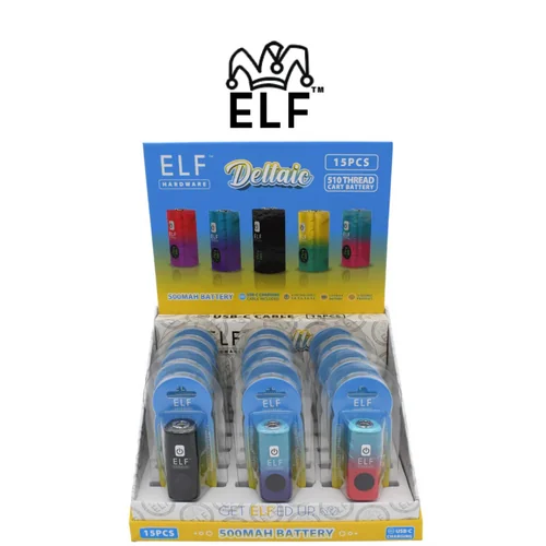 Deltaic - 510 Cart Battery 500mAh - Asstd Colors (Display of 15) by ELF Brand *Drop Ship* (MSRP $14.99 Each)