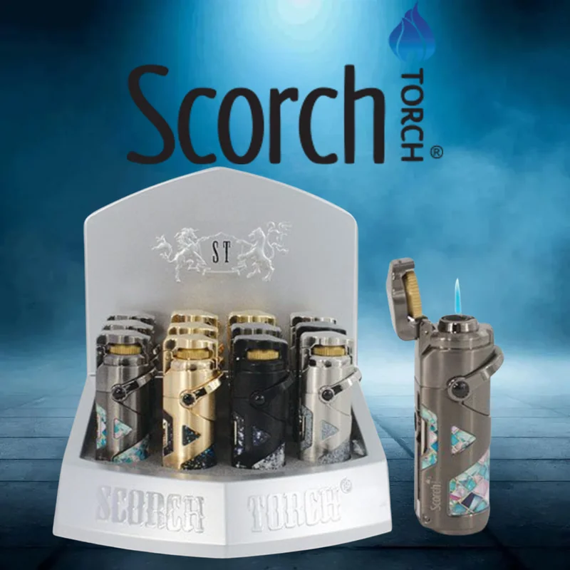 SCORCH TORCH SINGLE FLAME WITH ARM TRIGGER ASSORTED DESIGNS DISPLAY OF 12 ST-100