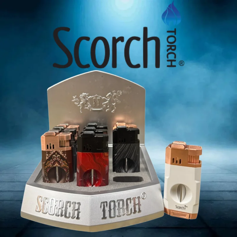 SCORCH TORCH WITH BULLET IN CIGAR HOLDER V CUTTER DESIGN DISPLAY OF 9 ST-101