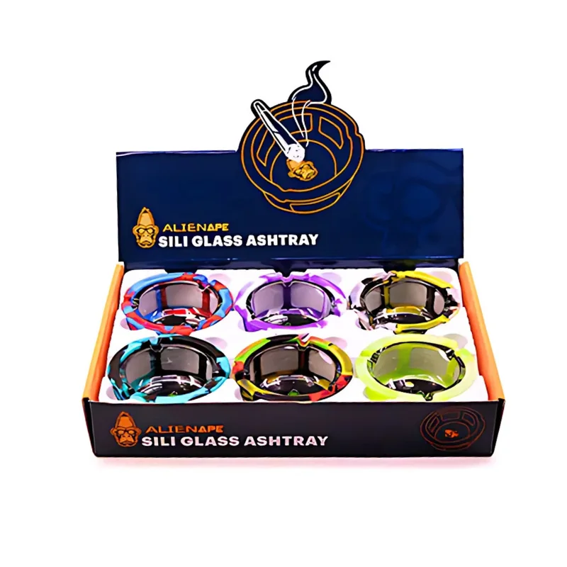 SPACE KING ALIENAPE SILICONE & GLASS ASHTRAY ASSORTED COLORS DISPLAY OF 6