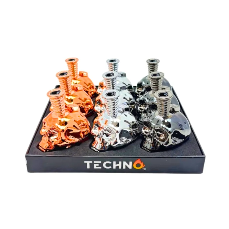 TECHNO TORCH METAL TORCH SKULL DESIGN ASSORTED COLORS DISPLAY OF 9