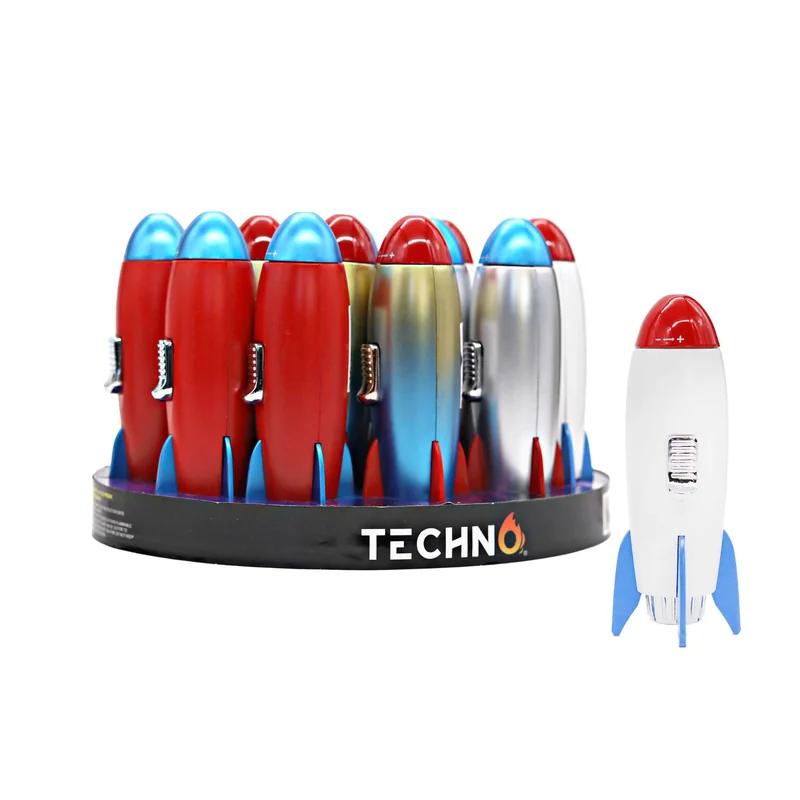 TECHNO TORCH ROCKET DESIGN TORCHES ASSORTED COLORS DISPLAY OF 12