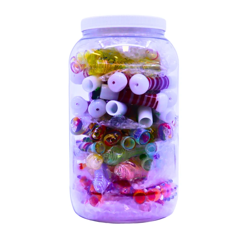 MIXED UNIQUE COLOR DESIGN GLASS CHILLUM JAR OF 75 (JAR-138)