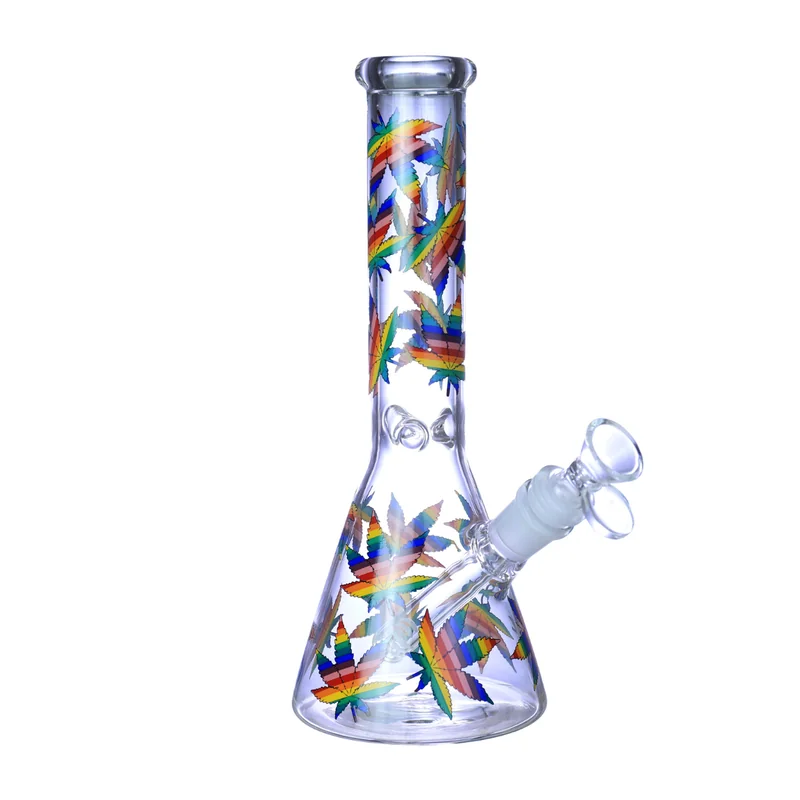 PREMIUM GLASS 8" SHINING LEAVES BEAKER WATERPIPE ASSORTED COLORS (WP-584)